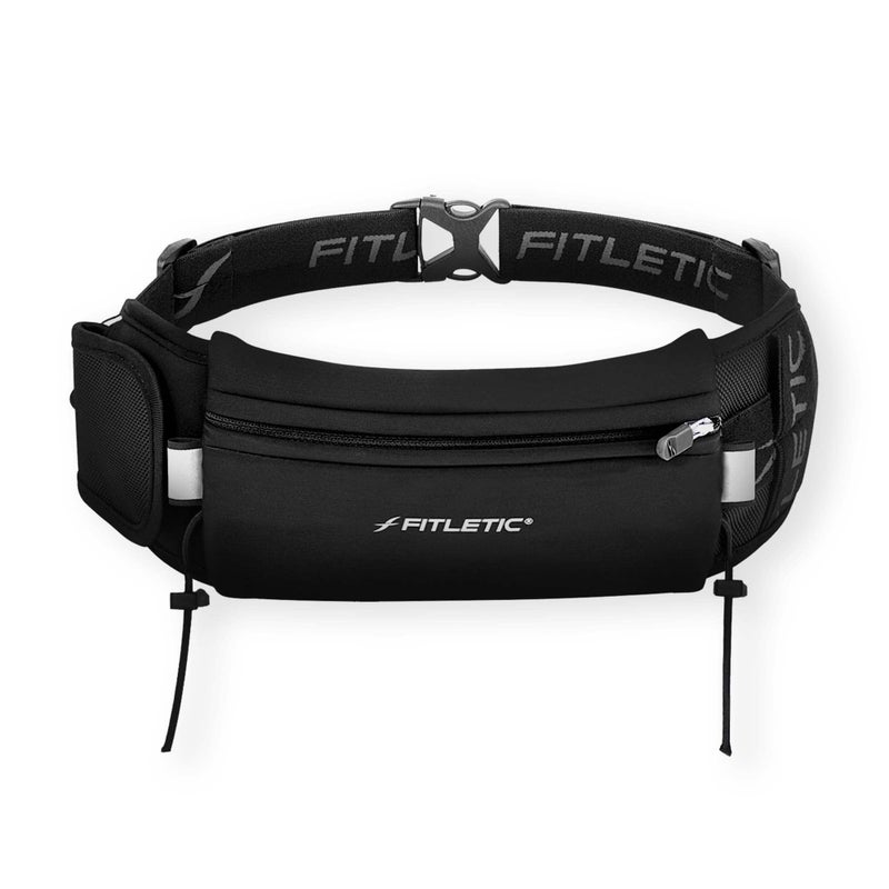Fitletic Running Belt with Side Pocket  Loops for Energy Gels  Race Bib Number Holder. Waist Pack Water Resistant Phone Holder. Model Ultimate II Black